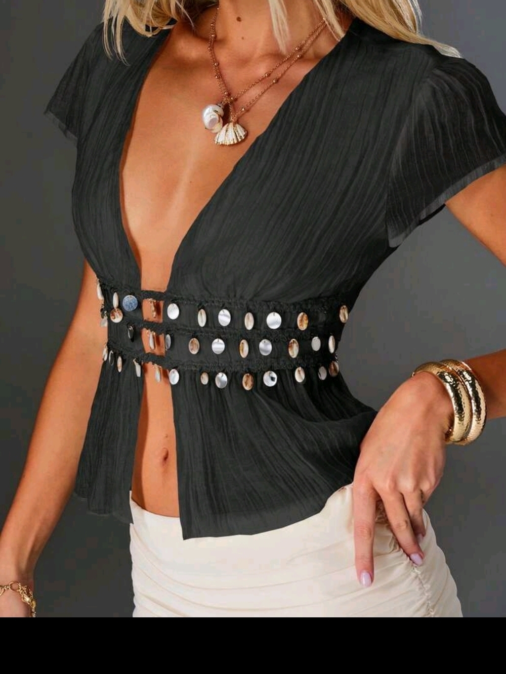 Deep V Black Embellished Waist Tie Women's Top